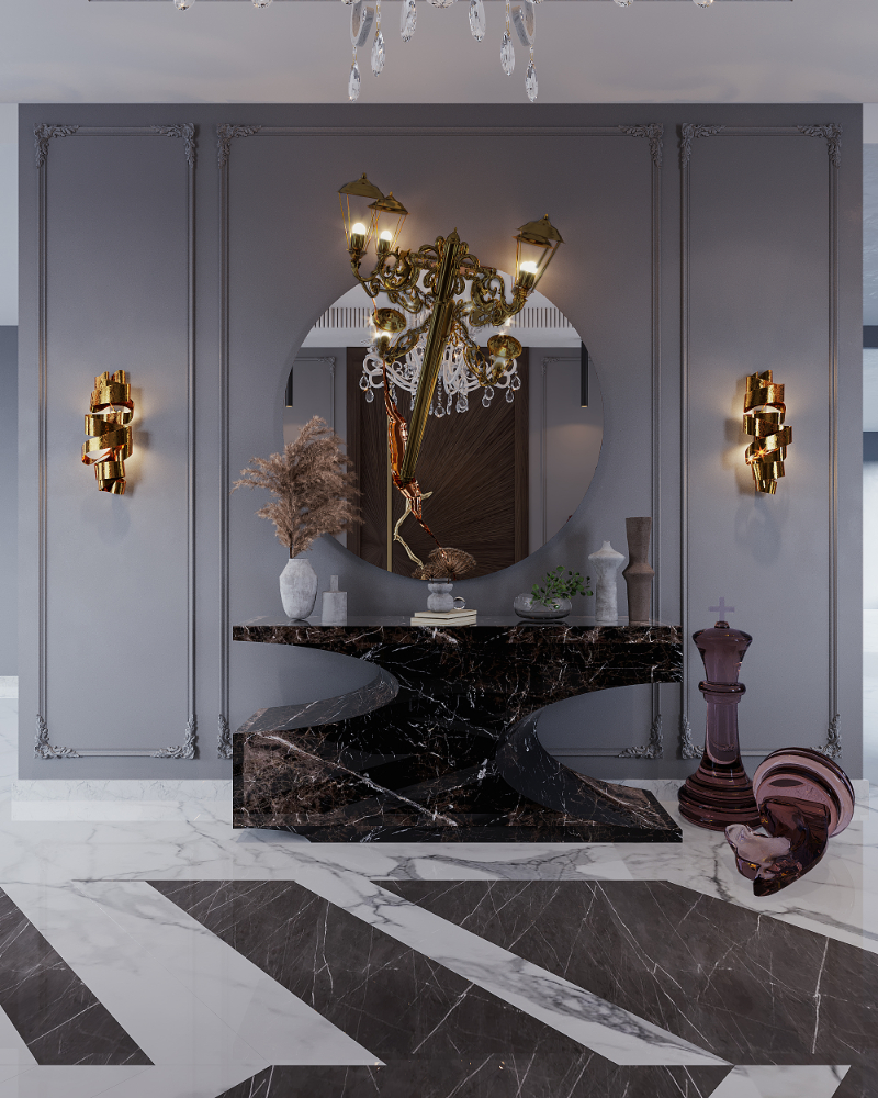A large and Luxurious Entryway with black and golden tones.