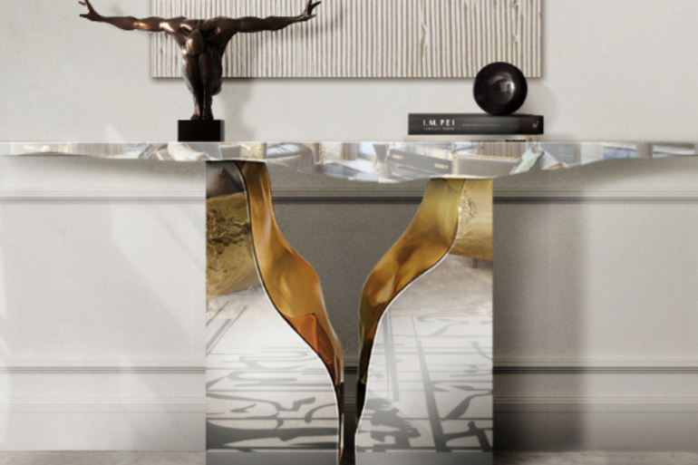 az console takes exceptional craftsmanship and design to a new realm. The hammered gold details and the mirrored façade conveys both dynamics and elegance, a beautiful duality between power and refinement to bring a new contemporary verve into interior design.