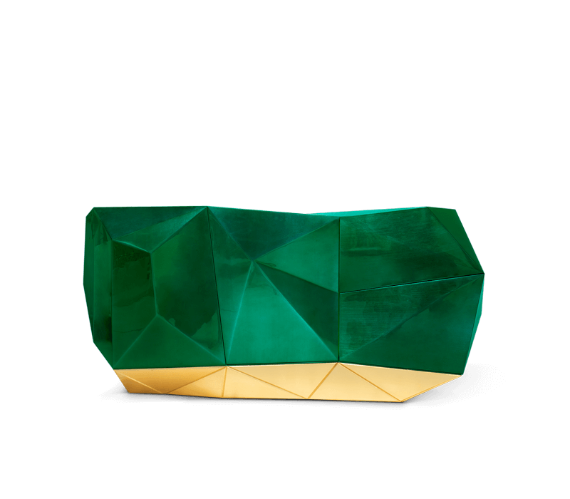 Diamond Sideboard is designed in wood and covered in silver leaf finished in a distinct translucent tone of emerald and high gloss varnish on the top