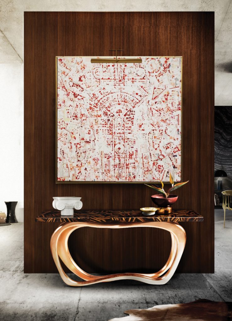 trends colors, an hallway with wood and rose gold console, the Newton console