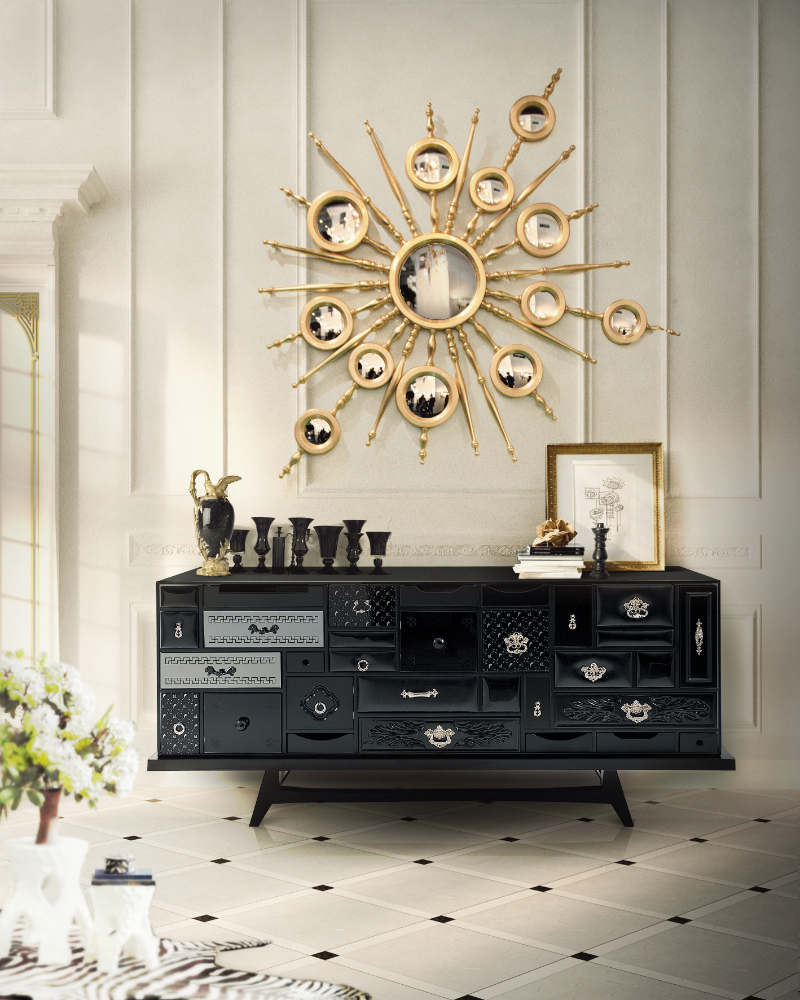 trends colors, an living room with a Mondrian sideboard in black and silver details