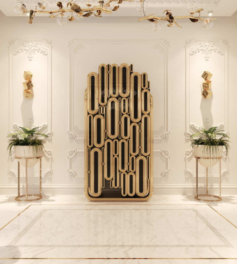 trends colors, an entryway with a golden oblong cabinet, gold details