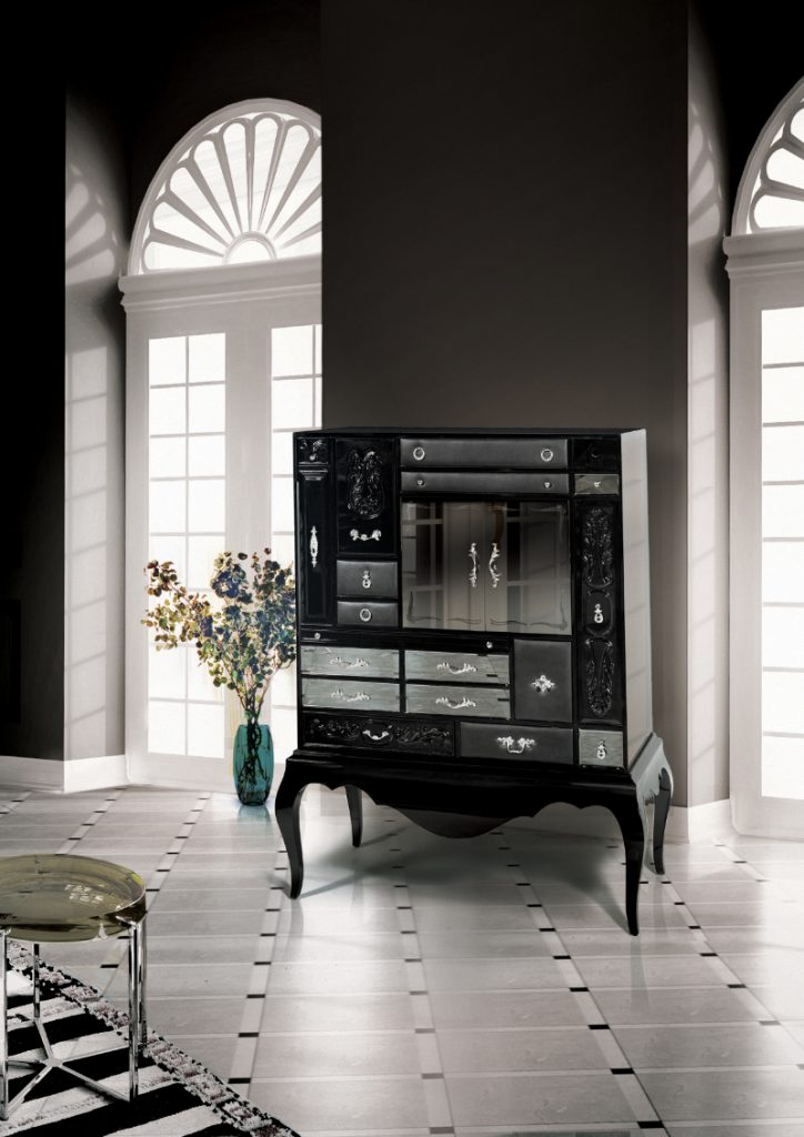 trends colors, an living room with a Mondrian  cabinet in black and silver details