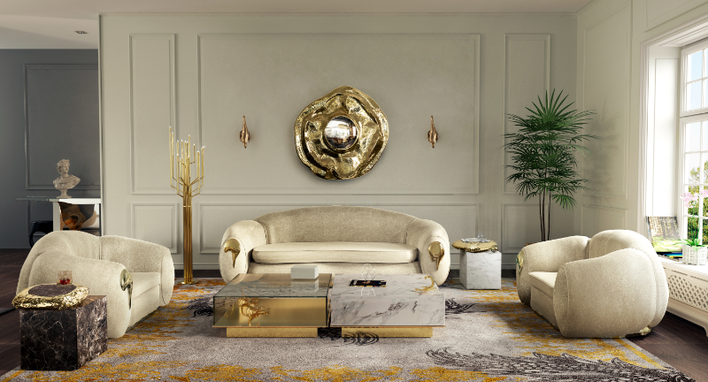 Nude sofa, nude armchair, marble coffee table, chandelier gold, gold mirror, neutral tones in a luxury living room